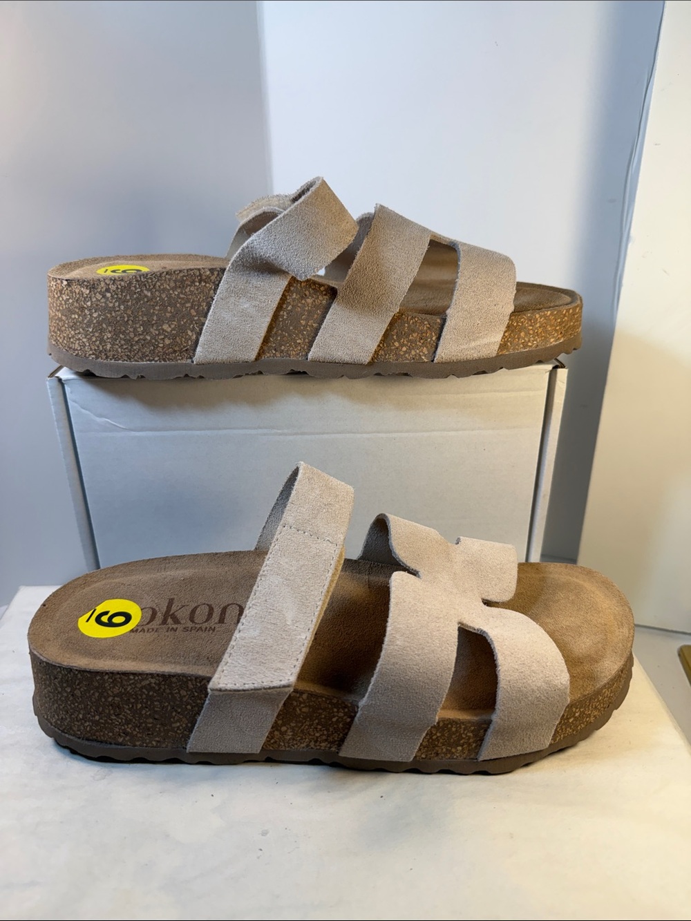 Suede Cork Slide Sandals in Beige - Ladies Slip-On Comfort